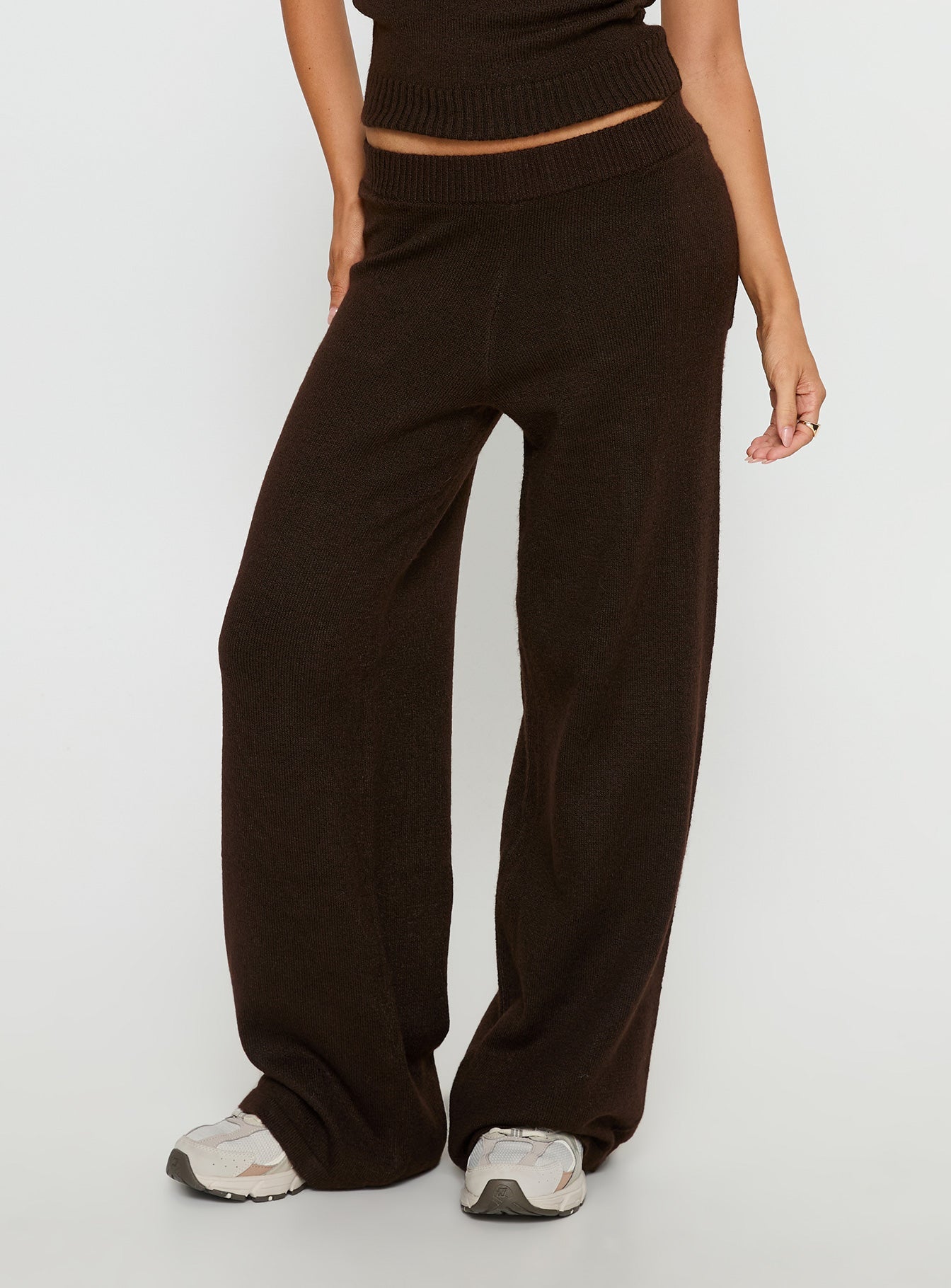 back view of model wearing Princess Polly Bekki Wide Leg Knit Pant Brown High Rise Pants 