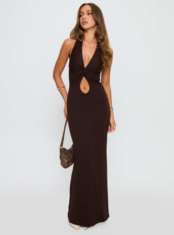 front view of model wearing Princess Polly No Hard Feelings Twist Maxi Dress Brown Plunger 