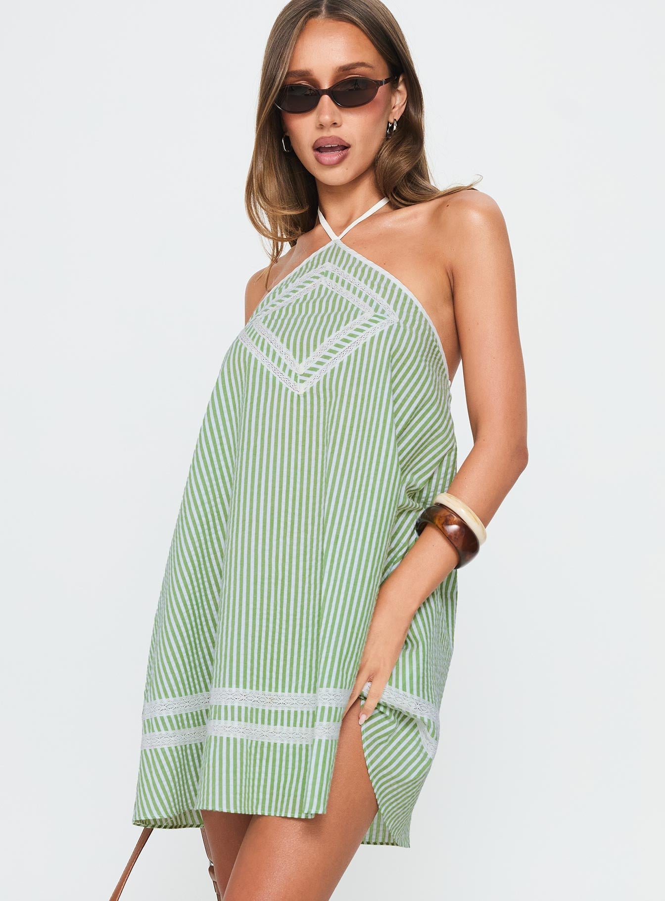 River Rose Anglais Swing Mini Dress Green Stripe