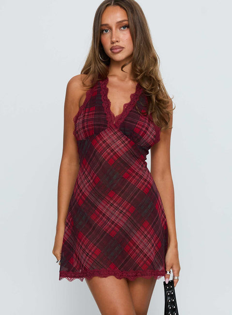 Stars Align Mini Dress Crimson Plaid