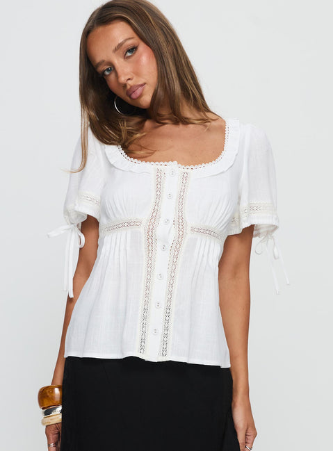 Indianah Pleat Lace Panel Blouse Top White
