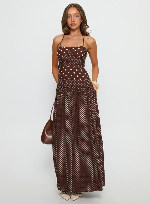 Marguerite Halter Maxi Dress Brown Polka Dot