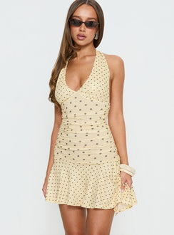 Mariellen Halter Mini Dress Yellow Polka Dot