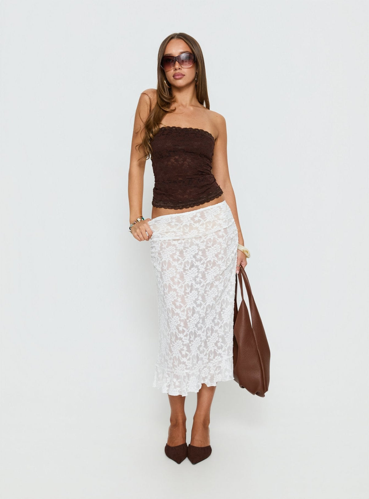 back view of model wearing Princess Polly Toscani Lace Frill Midi Skirt White Midi Skirts Skirts 