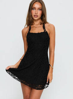 front view of model wearing Princess Polly Front Page Halter Lace Mini Dress Black Square Neck 