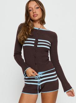 front view of model wearing Princess Polly Beverlea Button Down Knit Cardigan Brown / Blue Stripe 