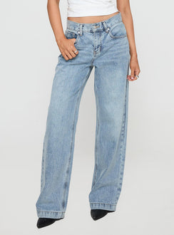 back view of model wearing Princess Polly Anelli Low Rise Straight Leg Jeans Light Blue Wash High Waisted 