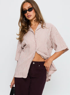 Soft Side Oversized Button Up Top Pink Check