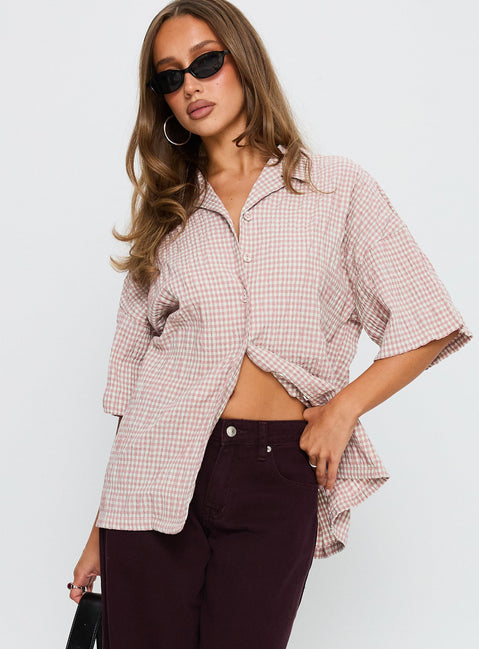 Soft Side Oversized Button Up Top Pink Check