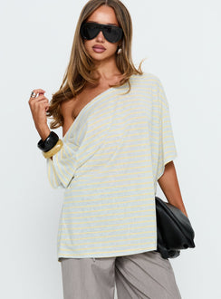 Winny Off Shoulder Tee Grey Marle / Lemon Stripe
