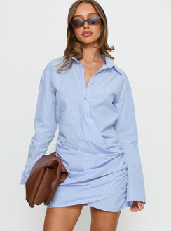 Well Versed Long Sleeve Ruched Shirt Mini Dress Blue