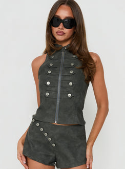 Ashtonn Sleeveless Faux Leather Military Top Black