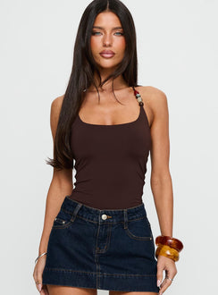 front view of model wearing Princess Polly Someone You Need Bead Detail Bodysuit Chocolate Sleeveless 