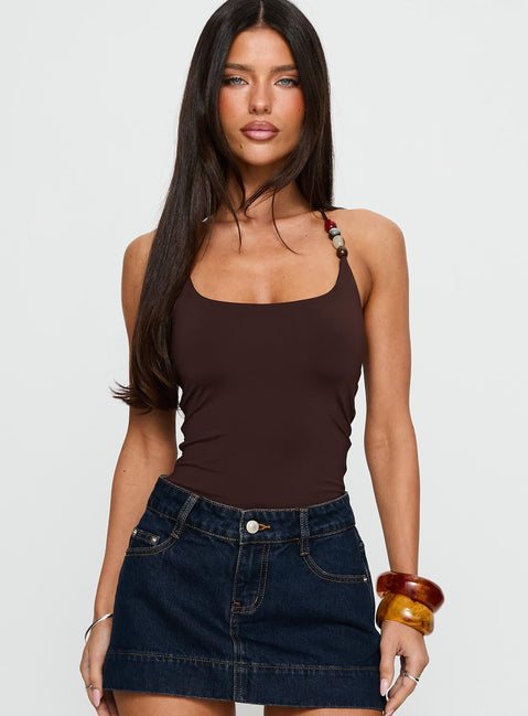 front view of model wearing Princess Polly Someone You Need Bead Detail Bodysuit Chocolate Sleeveless 