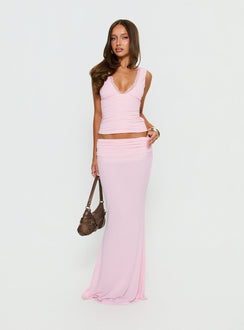 back view of model wearing Princess Polly Zespri Jersey Maxi Skirt Pink Maxi Skirts Skirts 