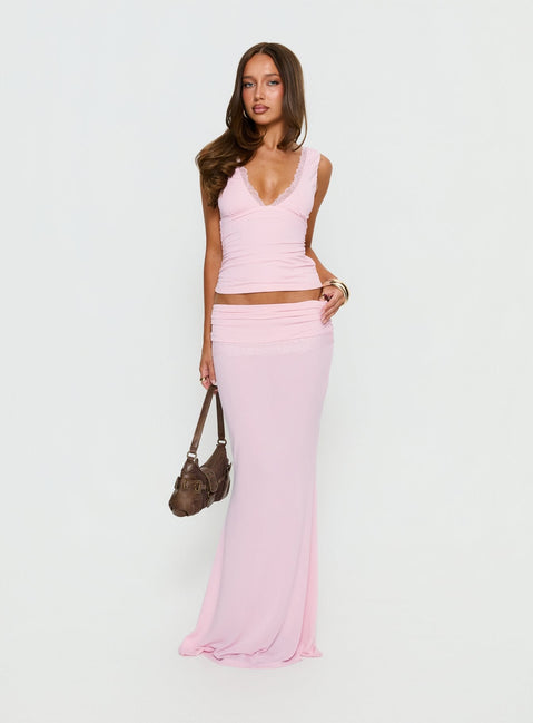 back view of model wearing Princess Polly Zespri Jersey Maxi Skirt Pink Maxi Skirts Skirts 