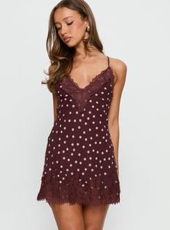 Call My Lover Lace Slip Mini Dress Brown Polka Tall