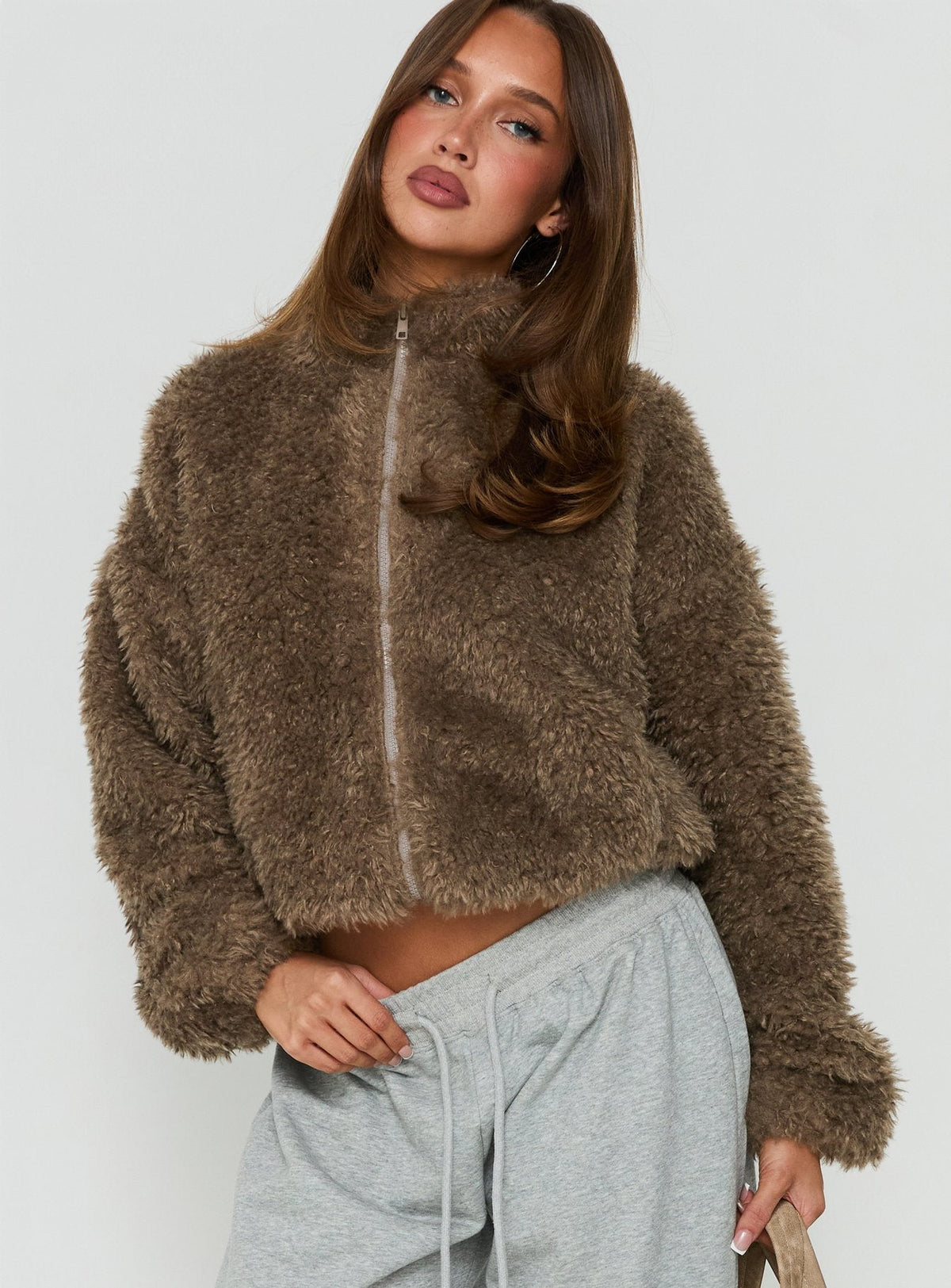 Jordynn Fleece Zip Through Jacket Brown