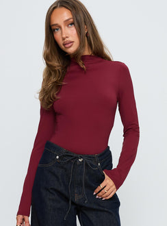 front view of model wearing Princess Polly Augustness Long Sleeve Bodysuit Burgundy Long Sleeve Tops Bodysuit 