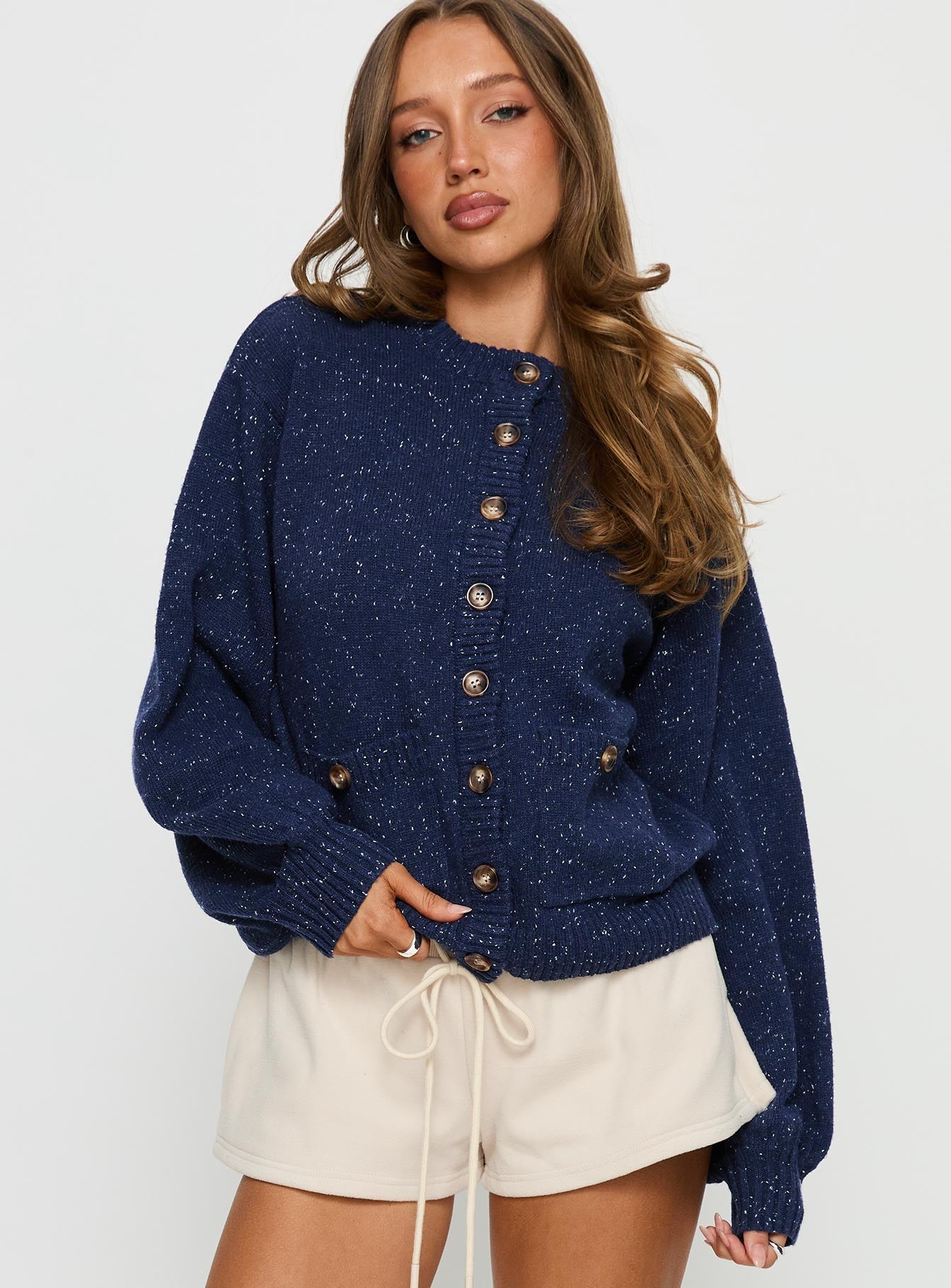 front view of model wearing Princess Polly Dorah Boxy Cardigan Navy Blue 