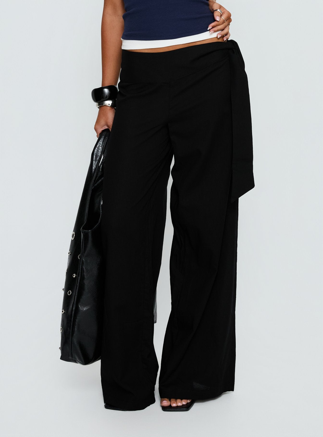front view of model wearing Princess Polly Wave Dancer Tie Pant Black Mid Rise Pants 