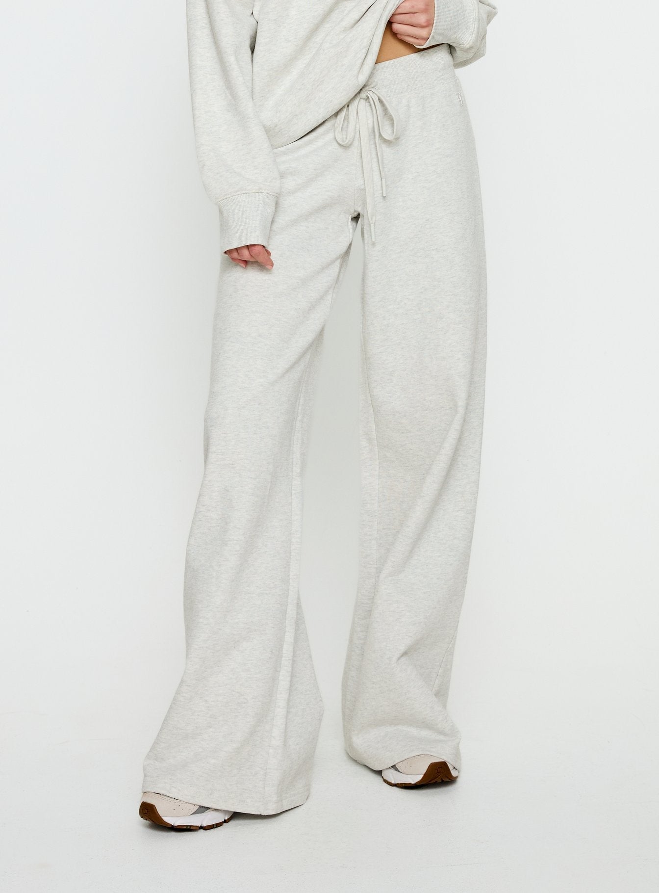 back view of model wearing Princess Polly Dodie Wide Leg Pants Grey Marle Mid Rise Pants 