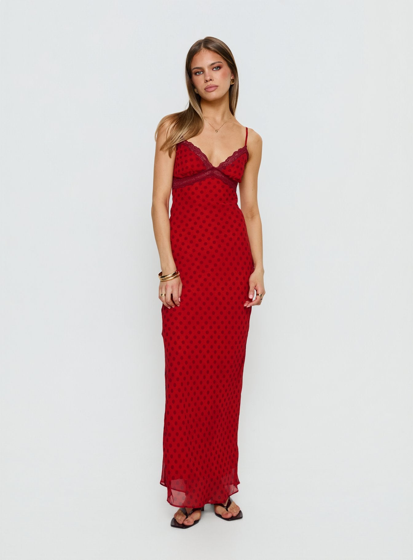 Adasia Lace V Neck Maxi Dress Red Polka Dot