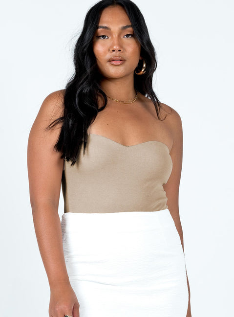 side view of model wearing Princess Polly Aston Strapless Bodysuit Beige Sleeveless Sweetheart 