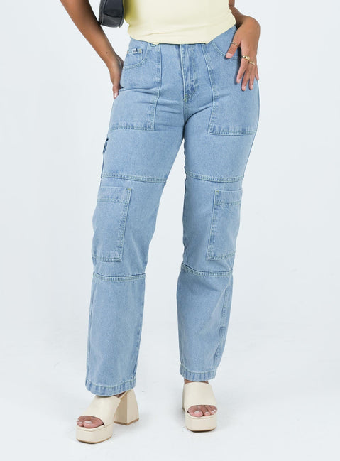 Front view of model wearing  front Princess Polly Mid Rise  The Ragged Priest Combat Organic Cotton Denim Light Blue