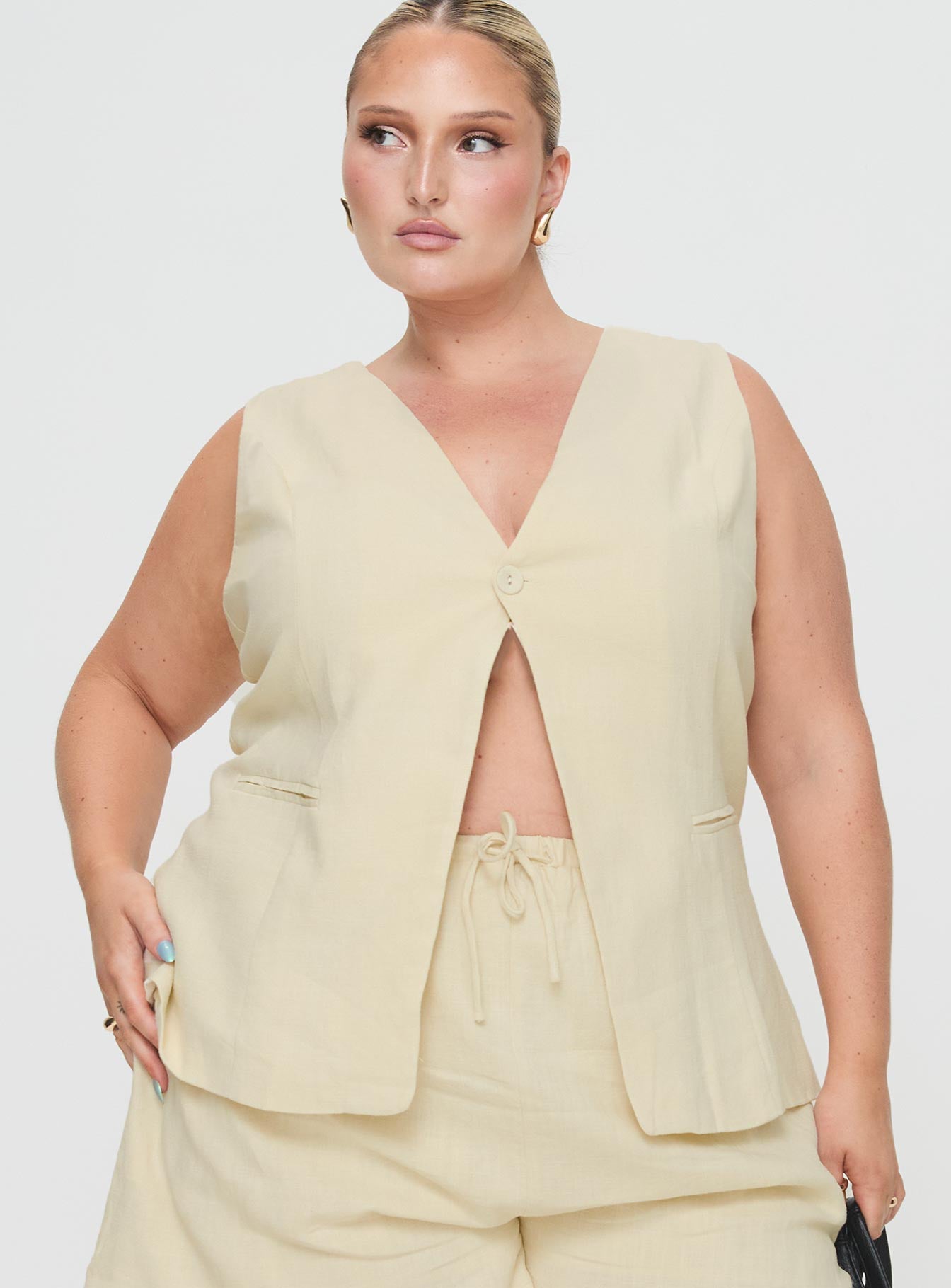front view of model wearing Princess Polly Days With You Linen Blend Vest Top Sand Curve Sleeveless V-Neck 