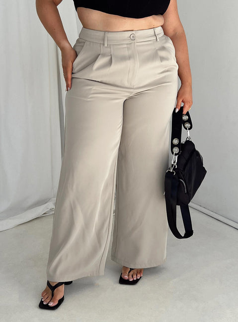 Front view of model wearing  front Princess Polly High Waisted Pants  Archer Pants Taupe Curve