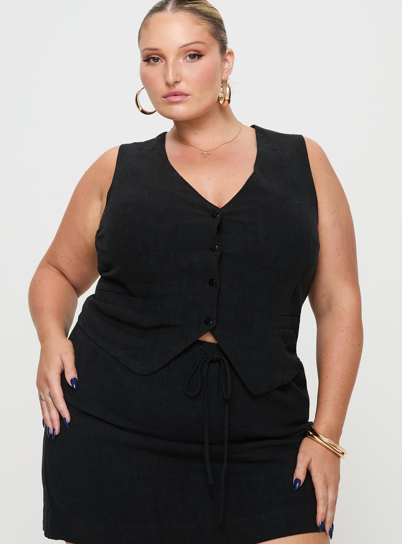 Black Linen vest top V-neckline, button closure, tie detail at back