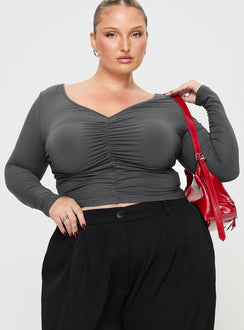 front view of model wearing Princess Polly Moylan Long Sleeve Top Grey Curve Full Sleeves V-Neck 