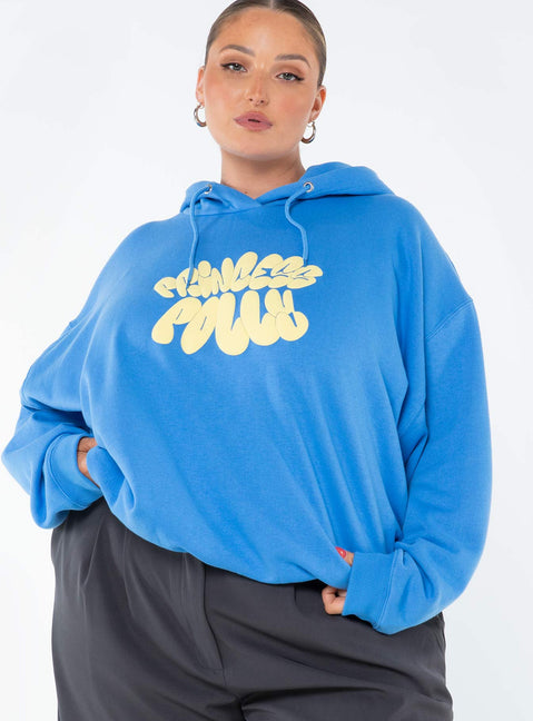 Princess Polly Hoodie Sweatshirt Bubble Text Blue / Yellow Curve regular 