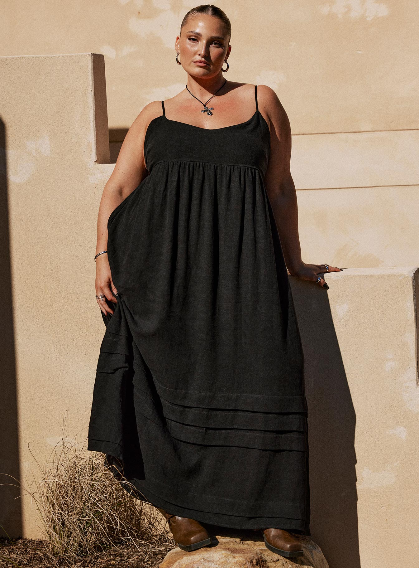 product Princess Polly Square Neck  Milden Linen Blend Maxi Dress Black Curve