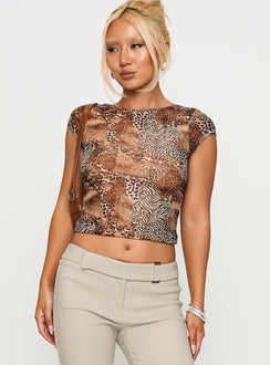 front view of model wearing Princess Polly Tied In Short Sleeve Top Leopard Short Sleeves Crew Neck 