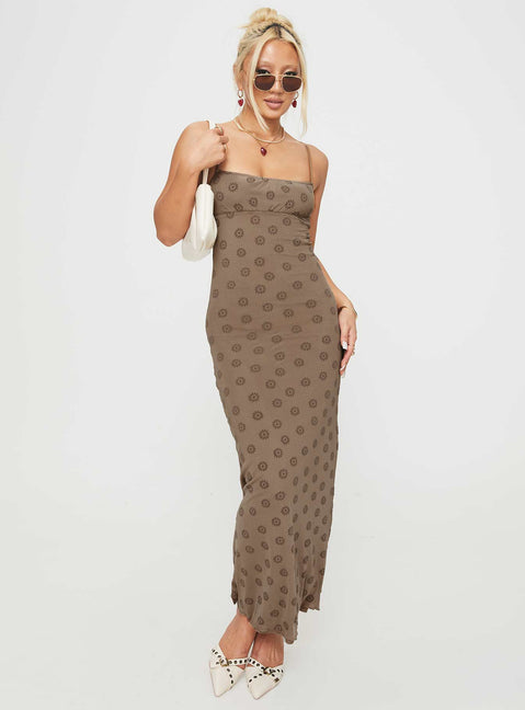 front view of model wearing Princess Polly Darsih Maxi Dress Light Brown Square Neck 