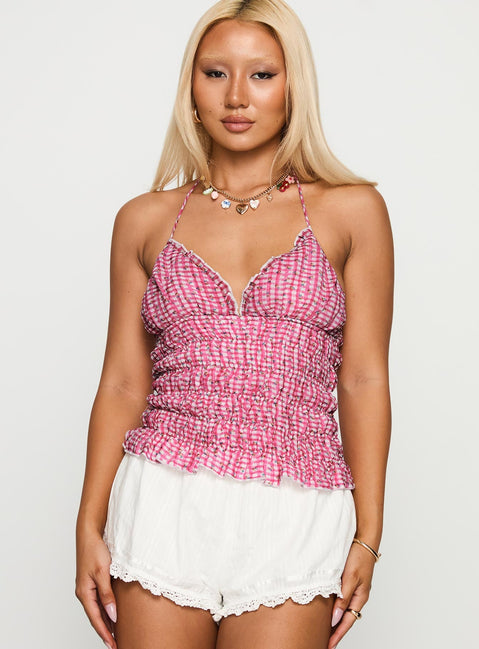 front view of model wearing Princess Polly Eliette Ruched Top Pink Check Sleeveless Plunger 
