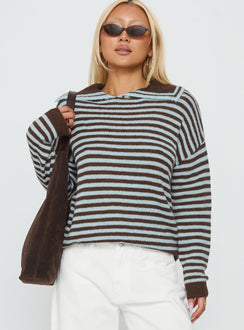 front view of model wearing Princess Polly Moon Went Dark Collared Knit Sweater Stripe 