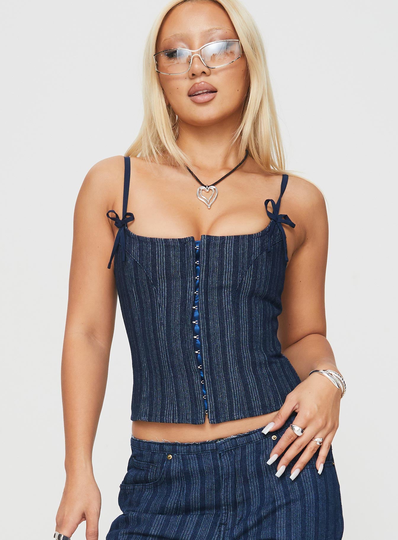 product Princess Polly Charismatic Denim Corset Dark Pinstripe Sleeveless Square Neck 