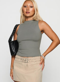 front view of model wearing Princess Polly Healing Energy Funnel Neck Top Grey Sleeveless High Neck 