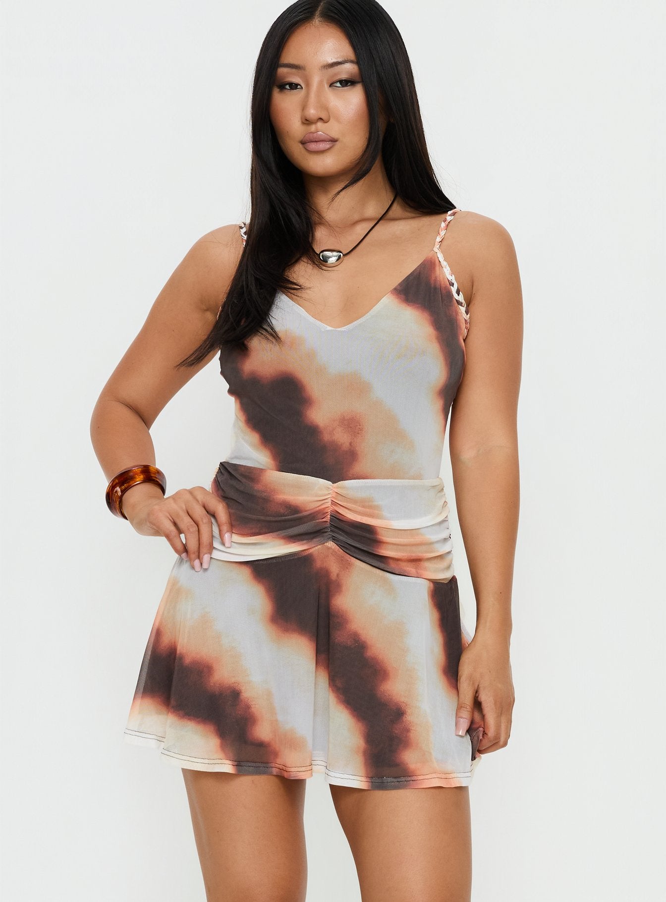 Milanie Ruched Mini Dress Brown / Orange Stripe