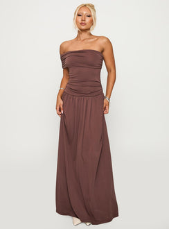 front view of model wearing Princess Polly Decadence Strapless Maxi Dress Brown Straight Neck 