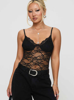 front view of model wearing Princess Polly Wystan Lace Bodysuit Black Sleeveless Plunger 