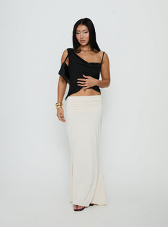 Featuring the Liorah Foldover Waist Maxi Skirt Cream in womens-skirts with maxi length detail view of model wearing Princess Polly