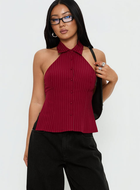 Roanne Backless Collared Top Red Stripe