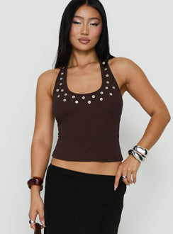 Renara Halter Ribbed Button Top Brown
