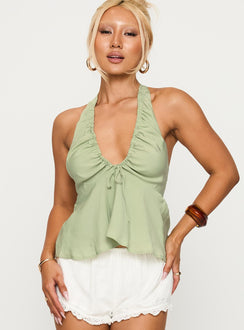 front view of model wearing Princess Polly Gadot Halter Top Green Sleeveless Plunger 