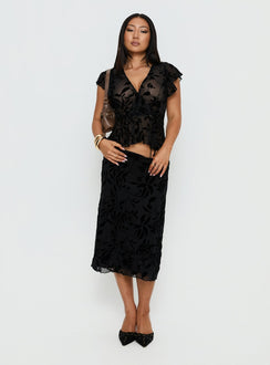  front view of model wearing Princess Polly Atira Midi Skirt Leaf Flower Black Midi Skirts 