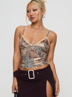 back view of model wearing Princess Polly Lepaisley Top Multi Sleeveless Plunger 